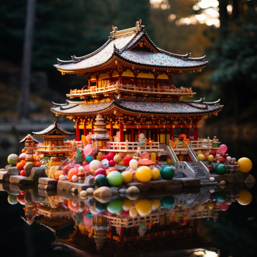 Colorful Japanese Temple with Snacks