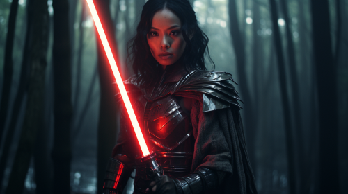 Japanese woman Sith Lord with red lightsaber in forest