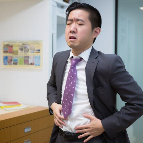 Frail-looking Japanese businessman holding his stomach