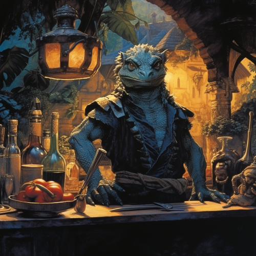 Lizard warrior serving cheeseburgers at a dark tavern