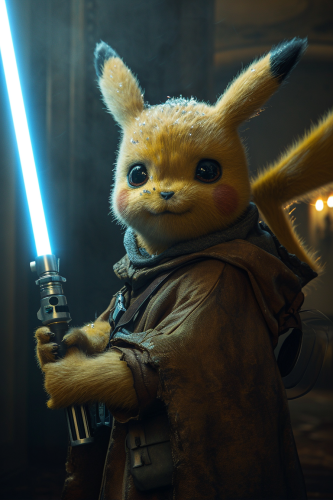 Jedi Pikachu with a glowing lightsaber