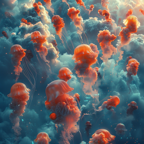 Group of jellyfish above clouds Group of jellyfish above clouds