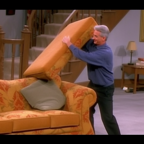 Jerome Powell as Ross from Friends moving a couch
