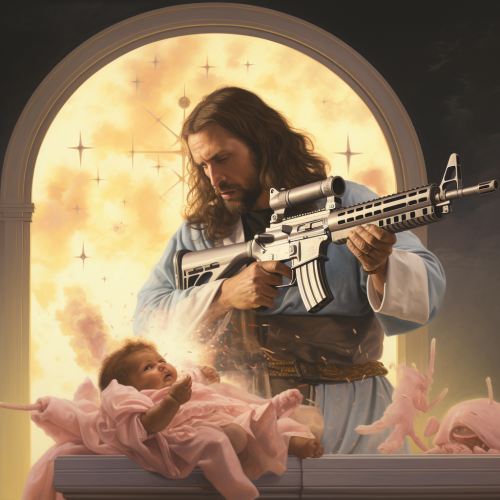 Jesus giving birth to baby guns