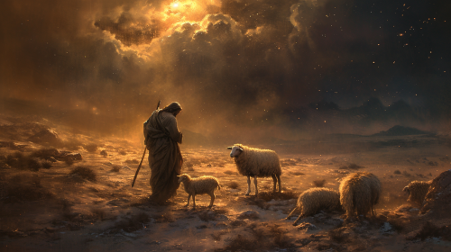 Jesus Christ saving lost sheep in desert