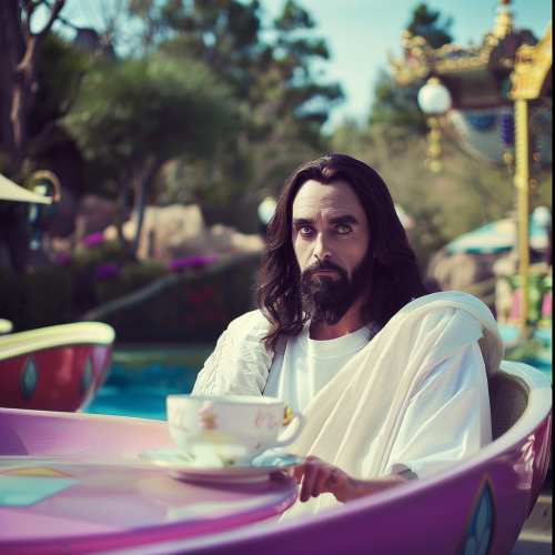 Jesus at Disneyland unimpressed teacups