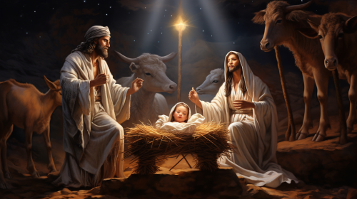 Jesus in a manger with Mary, Joseph and goats