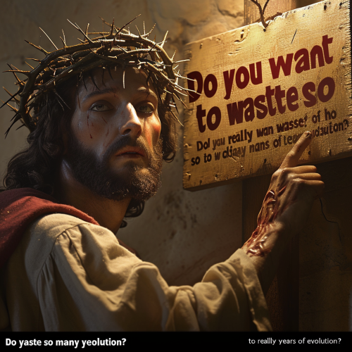 Jesus in crown of thorns pointing at board Jesus in crown of thorns pointing at board