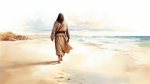 Watercolor painting of Jesus walking along a beach