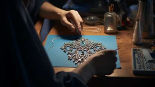 Jewellery designer painting final touches on amazing necklace sketch