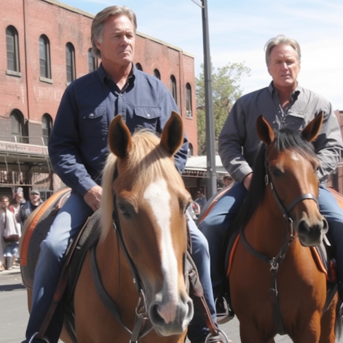 John Elway riding a horse with his face