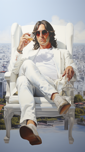 John Lennon sitting in white chair with utopian city