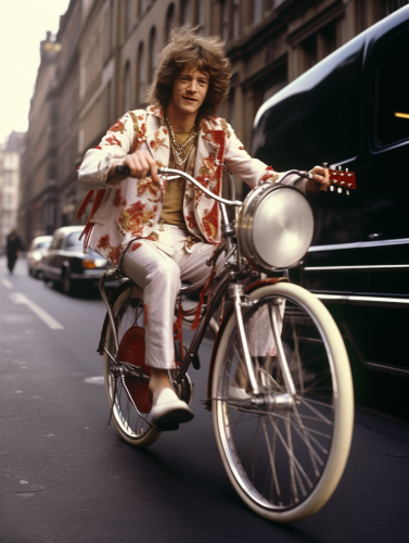 John Paul Jones of Led Zeppelin playing bass with helmet