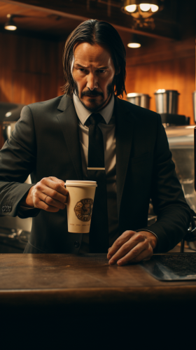 John Wick making coffee at Starbucks