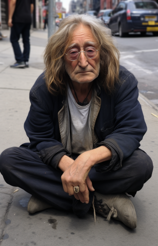 John Lennon, dirty and homeless on street curb