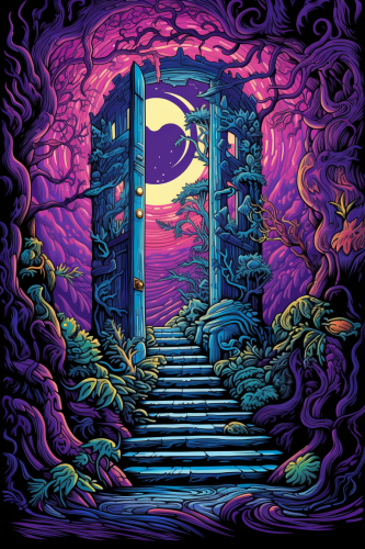 Illustrated door with hidden staircase