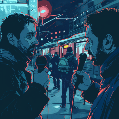 Journalist interviewing citizen train city Journalist interviewing citizen train city