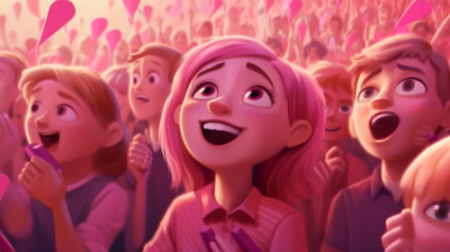People in Pink Waving Flags and Hugging Happily