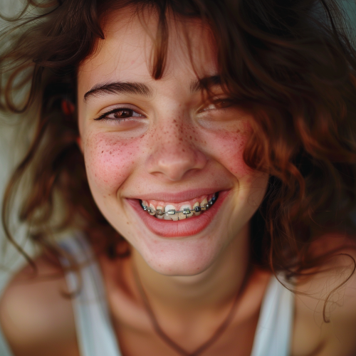 Woman with joyful metal braces smile