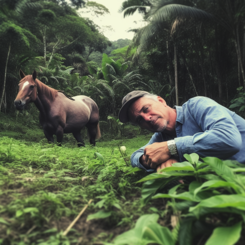 Midjourney prompt featuring man and horse in jungle