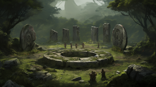 Photorealistic jungle stone circle with scattered meat Photorealistic jungle stone circle with scattered meat