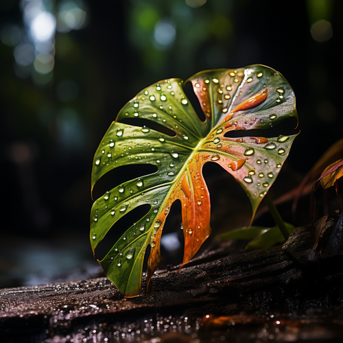 Photorealistic monstera leaf in vibrant jungle rain