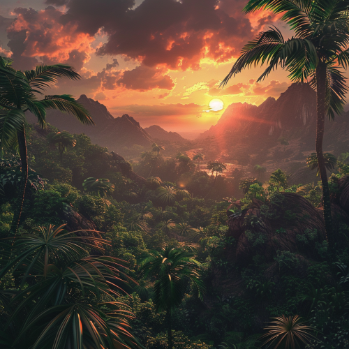 Jungle sunset on gnarly terrain