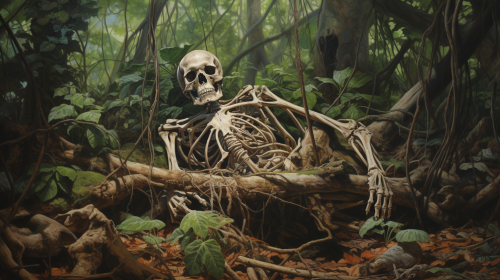 Tattered clothing on jungle skeleton