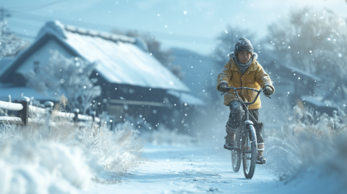 Boy riding bicycle in winter
