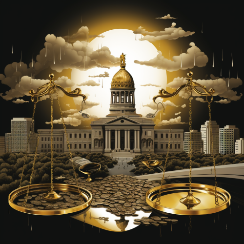 Courthouse with balance scale and real estate symbolism