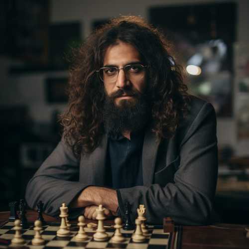 Karim Dhanji with long curly hair and thick beard