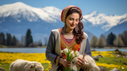 Beautiful Kashmiri girl with tulips in Kashmir landscape
