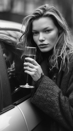 Young Kate Moss with champagne and silver BMW