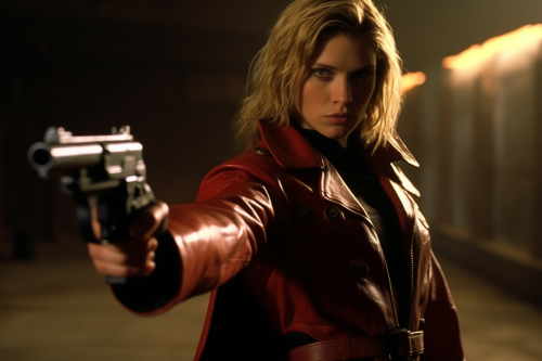 Katee Sackhoff firing a gun in red leather coat