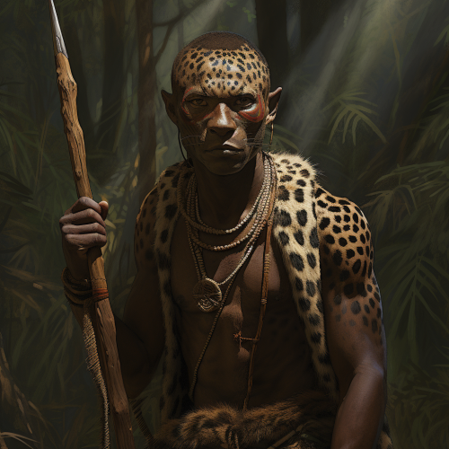Kenyan Mau Mau warrior with leopard skin and spear