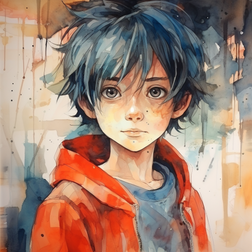 Kid in Japanese Manga Watercolor