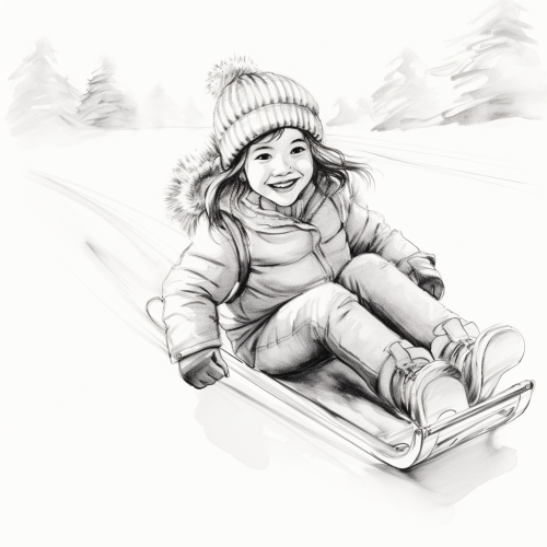 Kid sled sliding down snowy slope