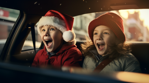 Two Kids Playfully Fighting with Santa Hats
