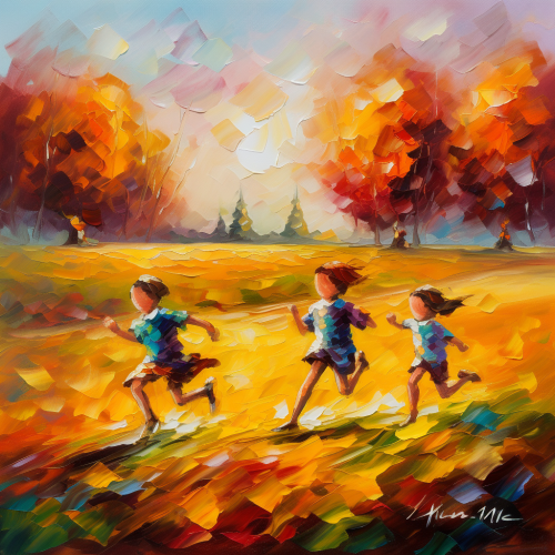Kids running in field painting Kids running in field painting