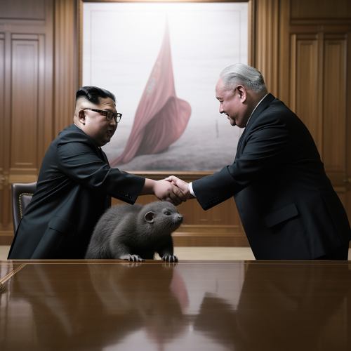 Kim Jong Un shaking hands with rat-headed man