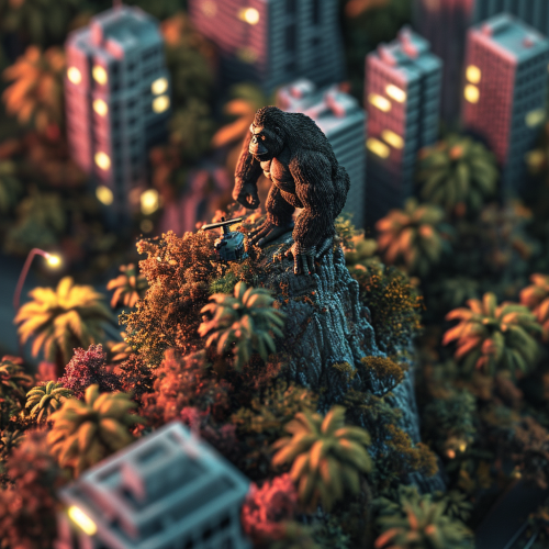 King Kong fighting off helicopter on skyscraper