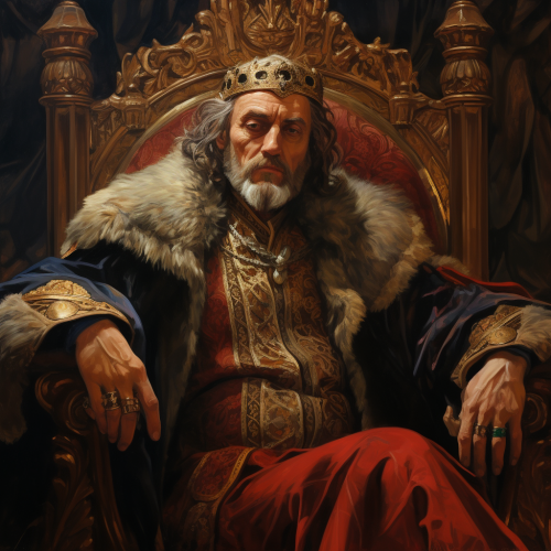 Fantasy art of King Quale in regal garments and plate mail