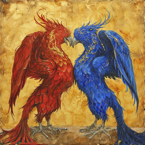 Kissing Griffons in Red and Blue