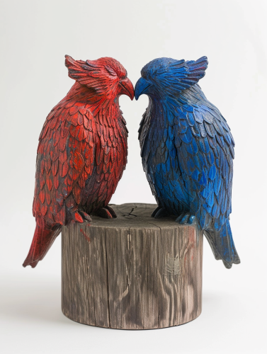 Two kissing griffons on wood