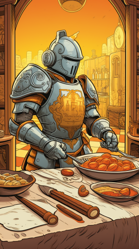 knights frying eggs on shield comix