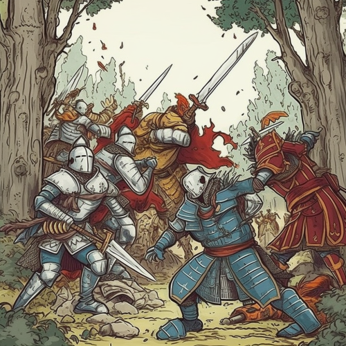 Knights in Ghibli-style fighting scene Knights in Ghibli-style fighting scene
