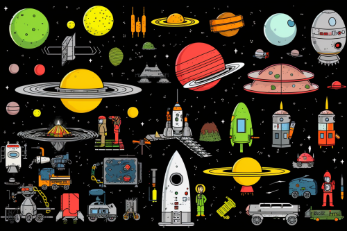UFO knolling scene artwork with bold lines