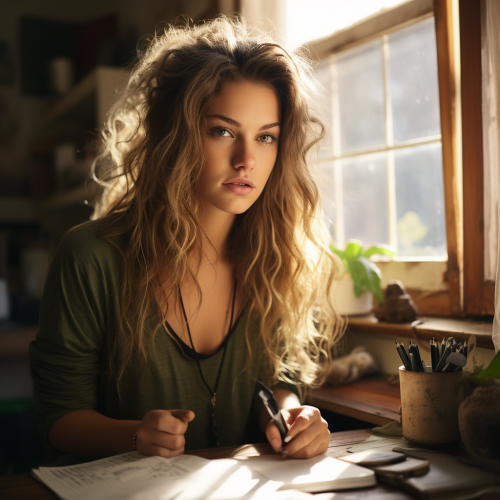 Woman writing in journal in dorm room