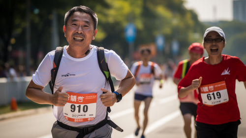Two Korean men running marathon together