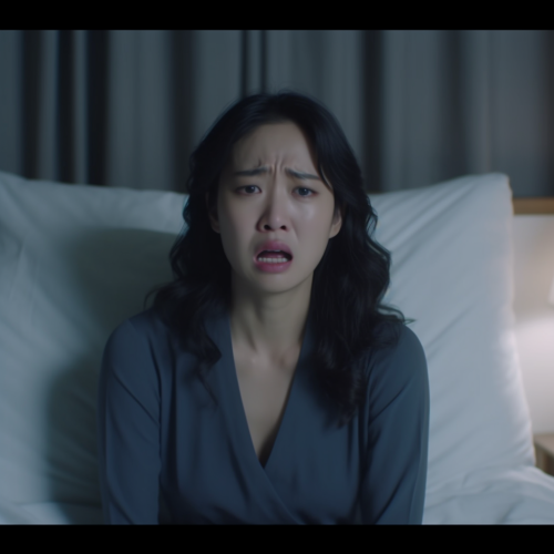 Sad Korean Office Woman Crying on Bed